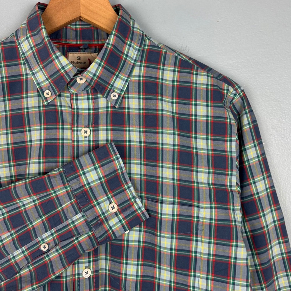 Relwen Mens Small Colorful Plaid Cotton Classic Button Down Long Sleeve Shirt